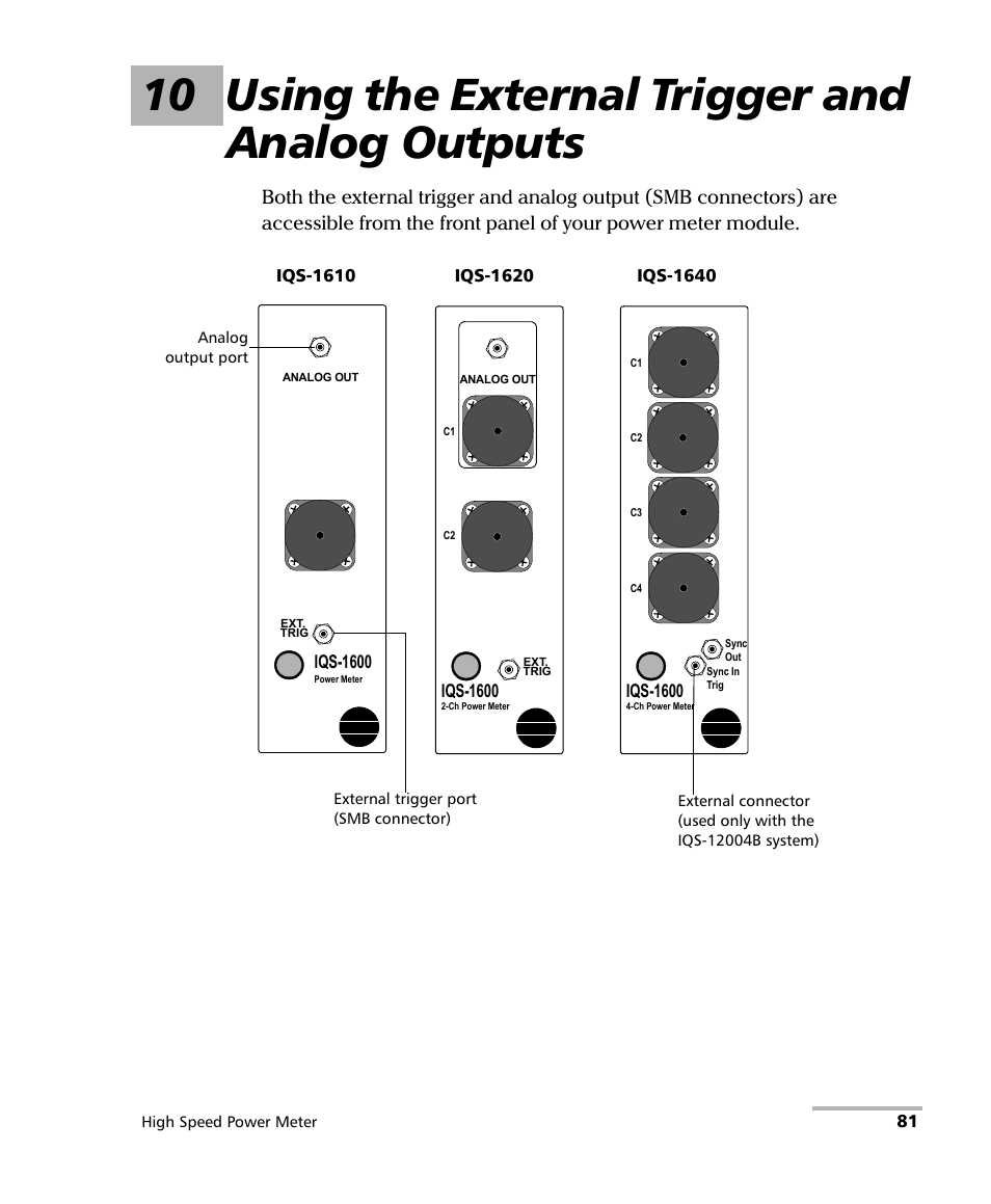 10 using the external trigger and analog outputs | EXFO IQS-1600 High-Speed Power Meter for IQS-500/600 User Manual | Page 89 / 238