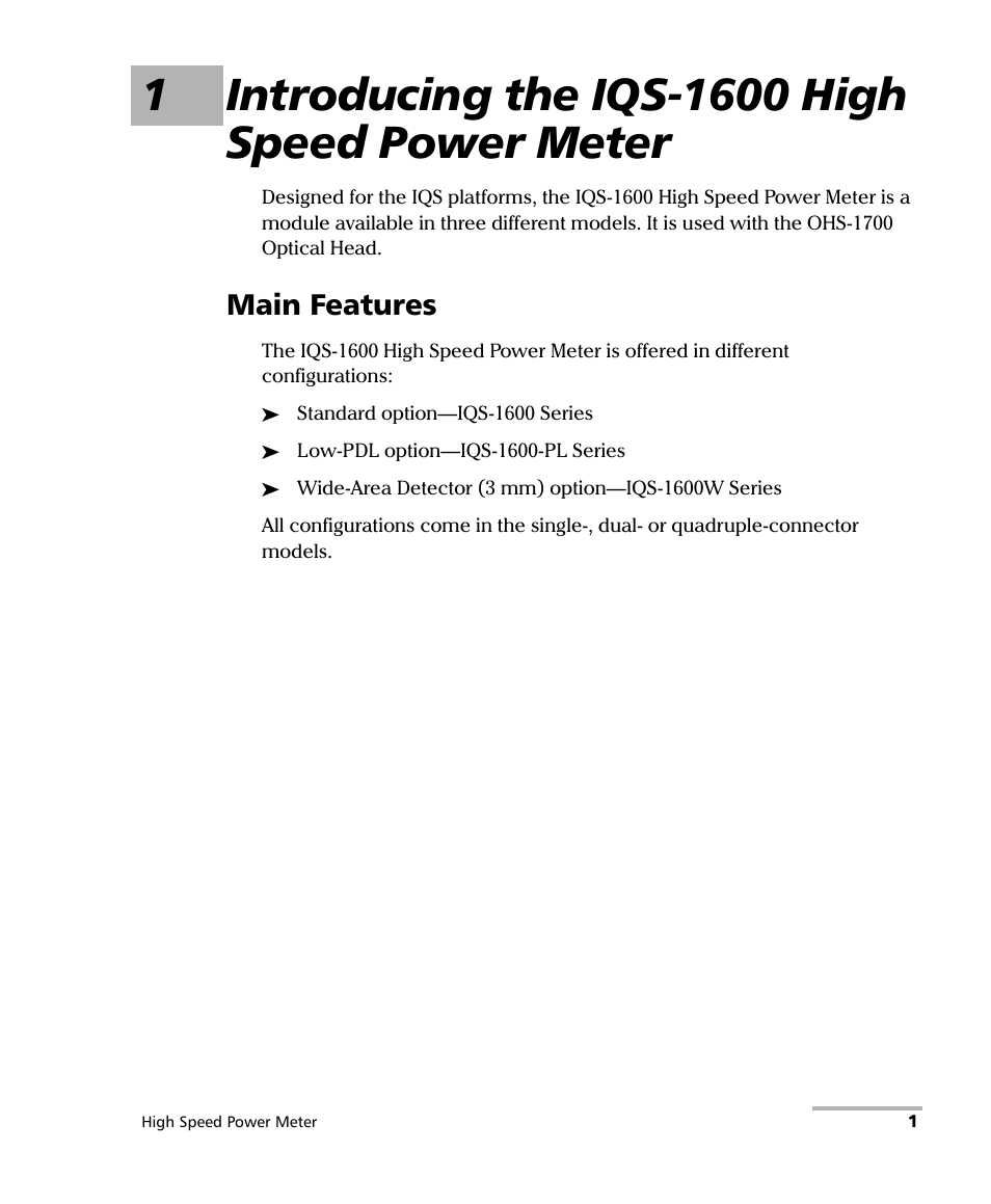 1 introducing the iqs-1600 high speed power meter, Main features | EXFO IQS-1600 High-Speed Power Meter for IQS-500/600 User Manual | Page 9 / 238