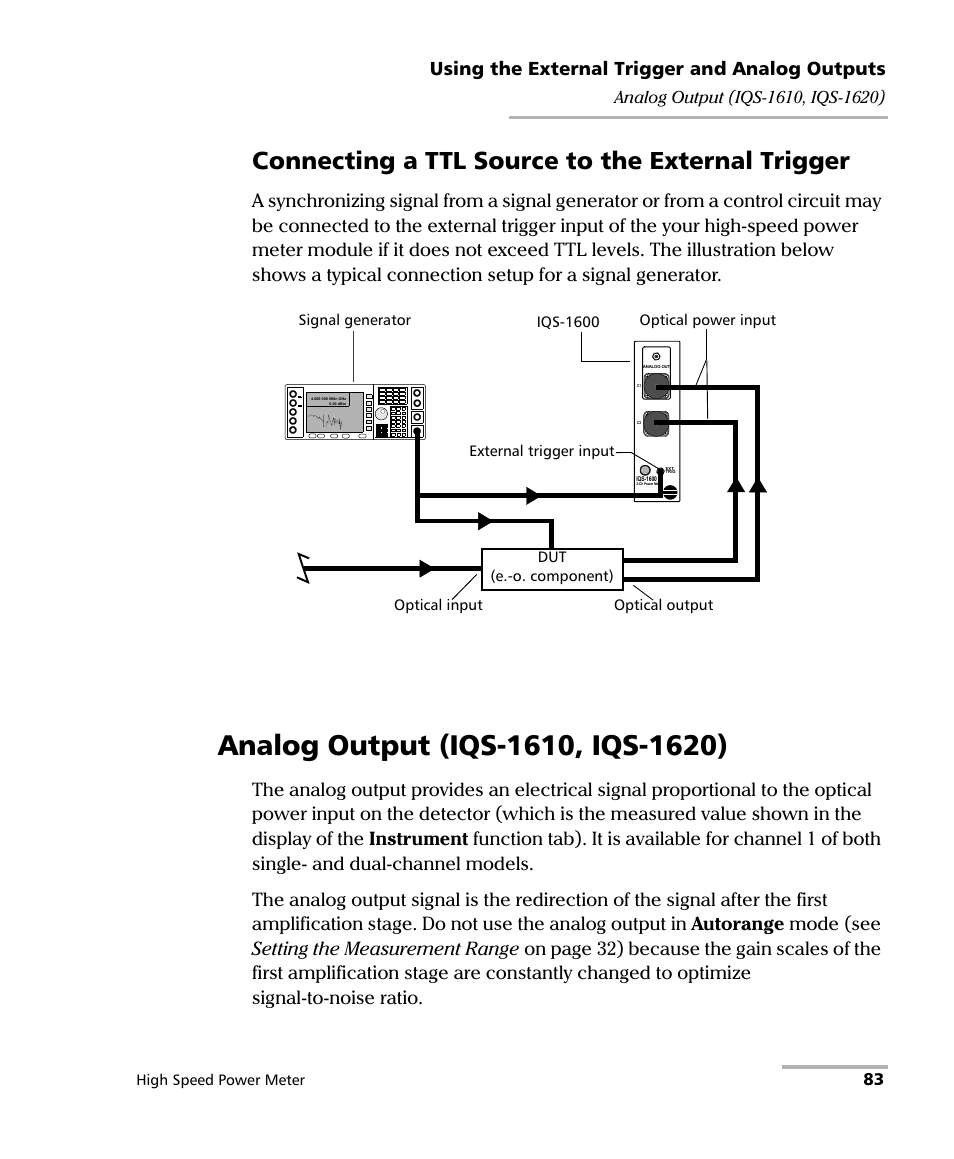 Analog output (iqs-1610, iqs-1620), Connecting a ttl source to the external trigger, Using the external trigger and analog outputs | EXFO IQS-1600 High-Speed Power Meter for IQS-500/600 User Manual | Page 91 / 238