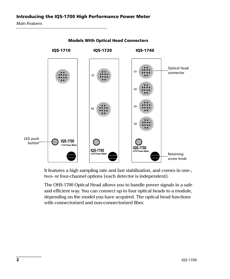 Main features, Iqs-1700 | EXFO IQS-1700 High Performance Power Meter for IQS-500/600 User Manual | Page 10 / 204