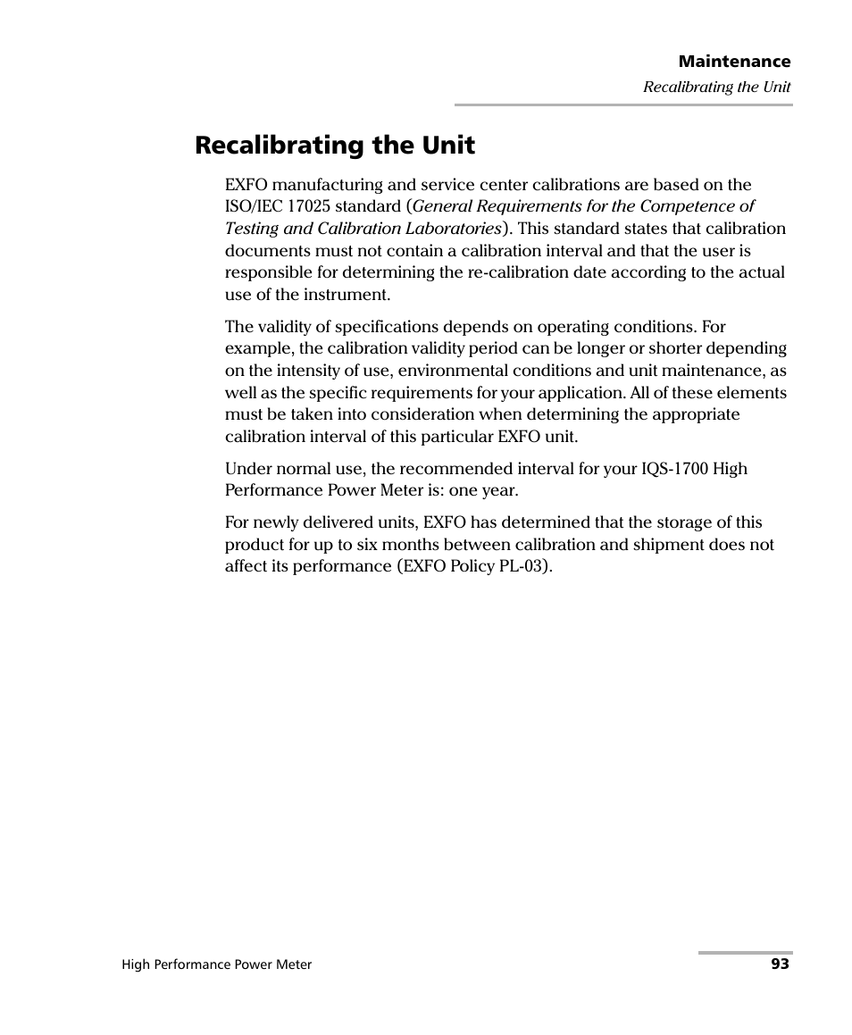 Recalibrating the unit | EXFO IQS-1700 High Performance Power Meter for IQS-500/600 User Manual | Page 101 / 204