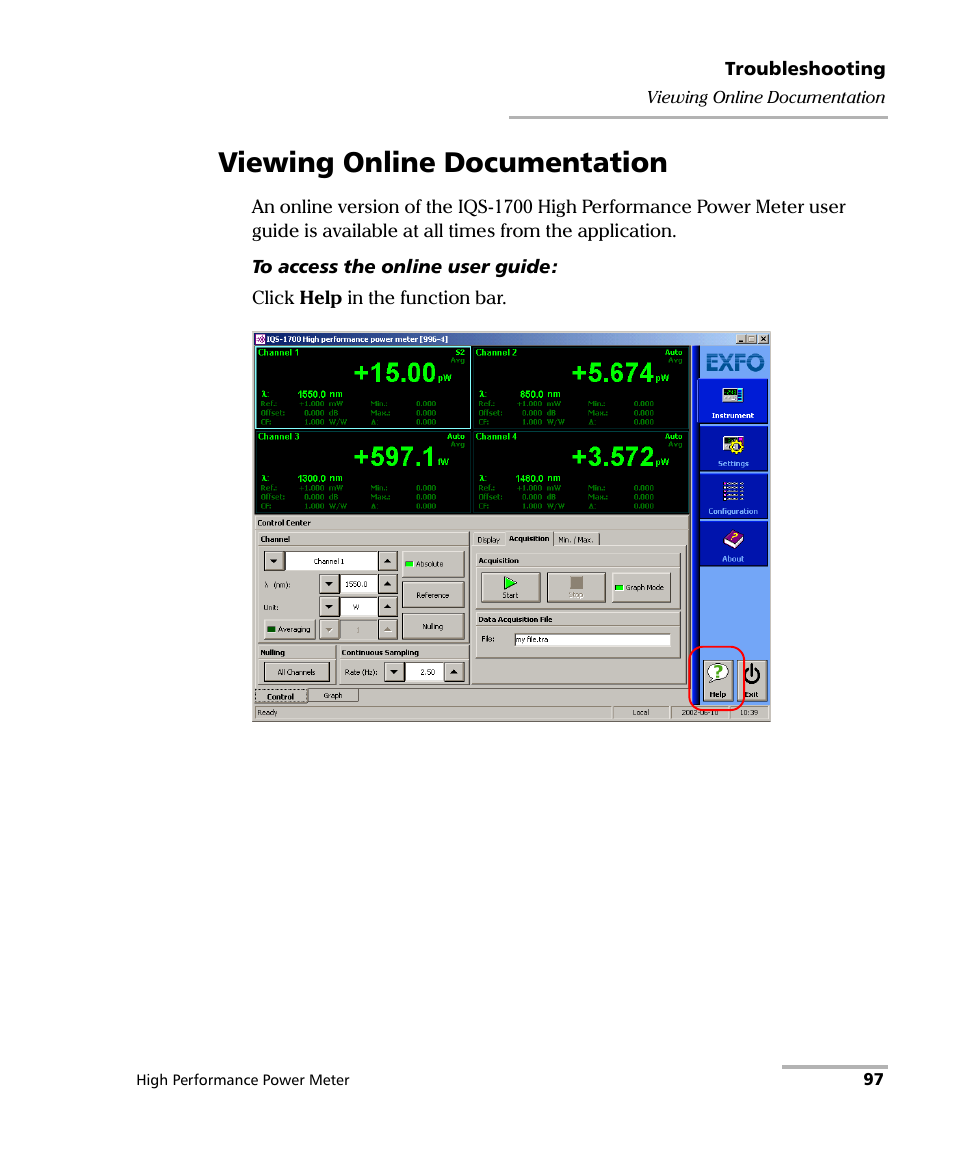 Viewing online documentation | EXFO IQS-1700 High Performance Power Meter for IQS-500/600 User Manual | Page 105 / 204