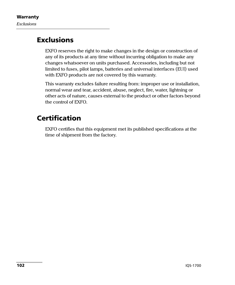 Exclusions, Certification, Exclusions certification | EXFO IQS-1700 High Performance Power Meter for IQS-500/600 User Manual | Page 110 / 204