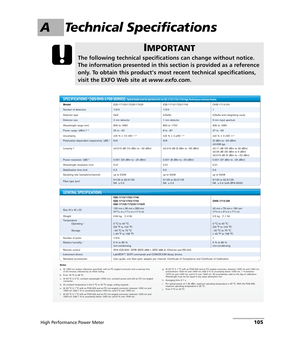 A technical specifications, Mportant, High performance power meter | Specifications, Iqs/ohs-1700 series), General specifications | EXFO IQS-1700 High Performance Power Meter for IQS-500/600 User Manual | Page 113 / 204