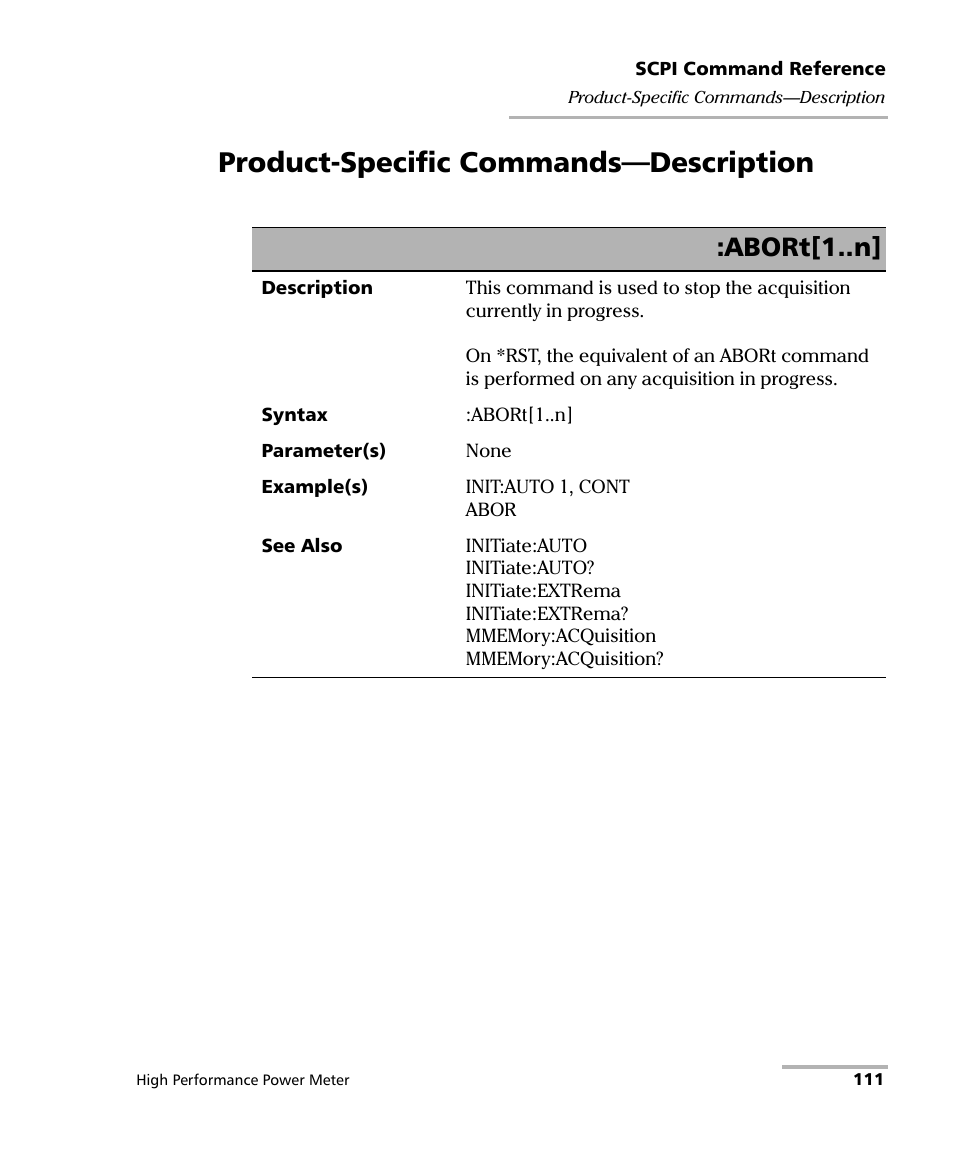 Product-specific commands—description, Abort[1..n | EXFO IQS-1700 High Performance Power Meter for IQS-500/600 User Manual | Page 119 / 204
