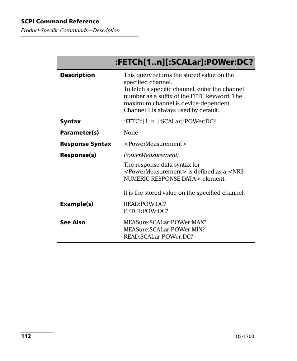 Fetch[1..n][:scalar]:power:dc | EXFO IQS-1700 High Performance Power Meter for IQS-500/600 User Manual | Page 120 / 204