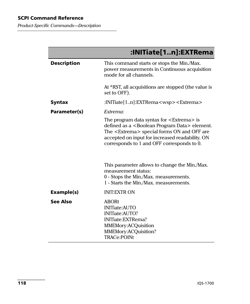 Initiate[1..n]:extrema | EXFO IQS-1700 High Performance Power Meter for IQS-500/600 User Manual | Page 126 / 204
