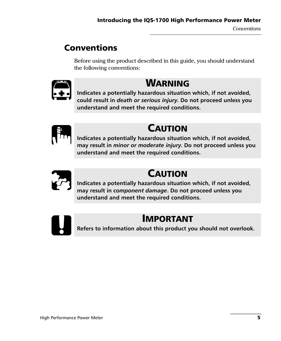 Conventions, Arning, Aution | Mportant | EXFO IQS-1700 High Performance Power Meter for IQS-500/600 User Manual | Page 13 / 204