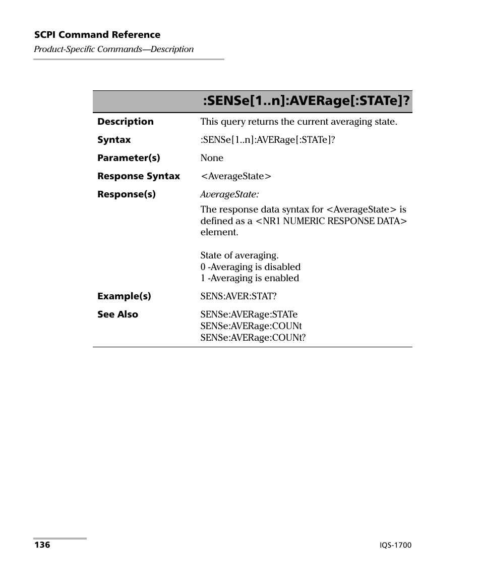 Sense[1..n]:average[:state | EXFO IQS-1700 High Performance Power Meter for IQS-500/600 User Manual | Page 144 / 204