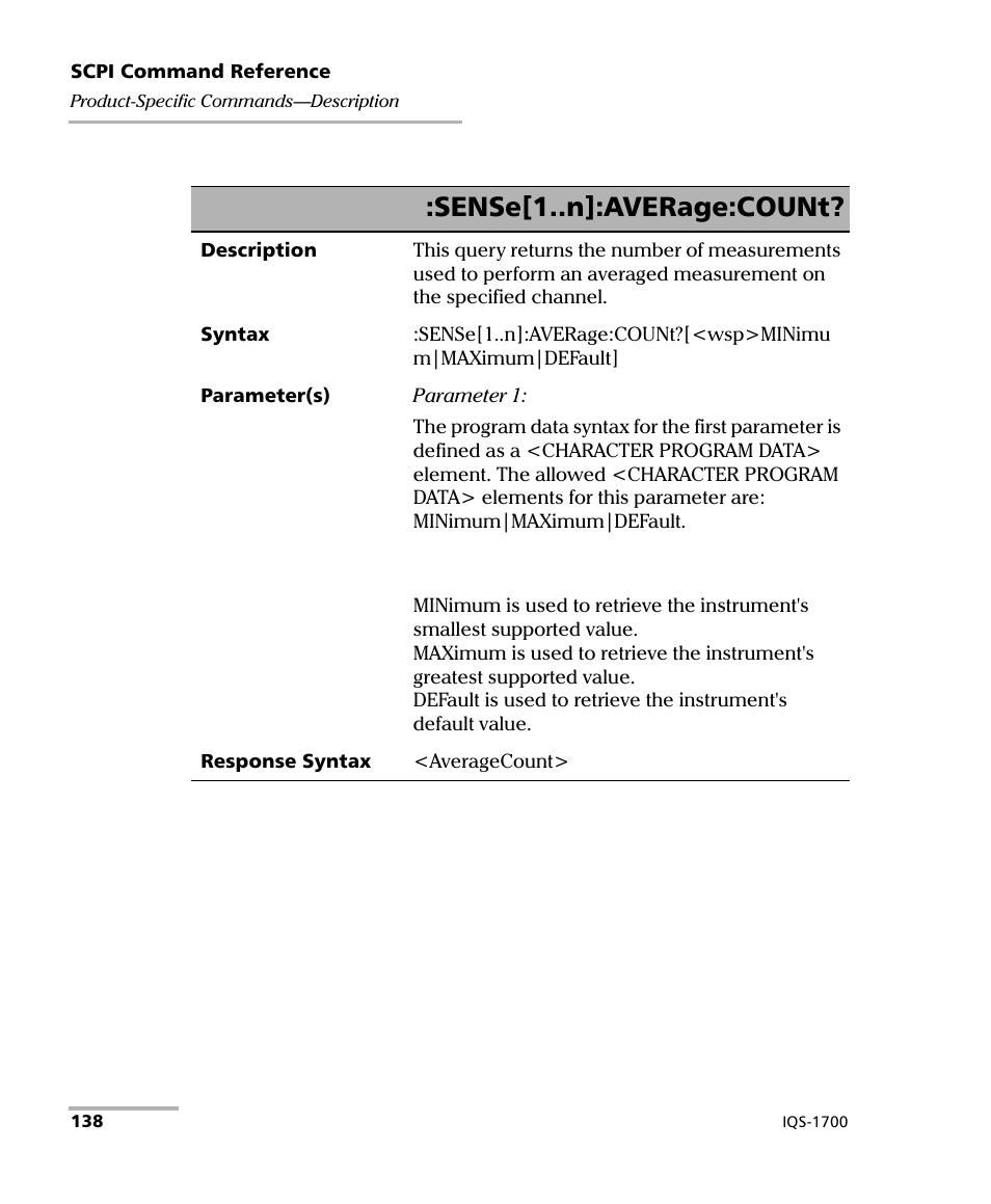 Sense[1..n]:average:count | EXFO IQS-1700 High Performance Power Meter for IQS-500/600 User Manual | Page 146 / 204