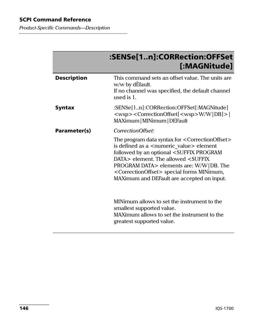 Sense[1..n]:correction:offset [:magnitude | EXFO IQS-1700 High Performance Power Meter for IQS-500/600 User Manual | Page 154 / 204