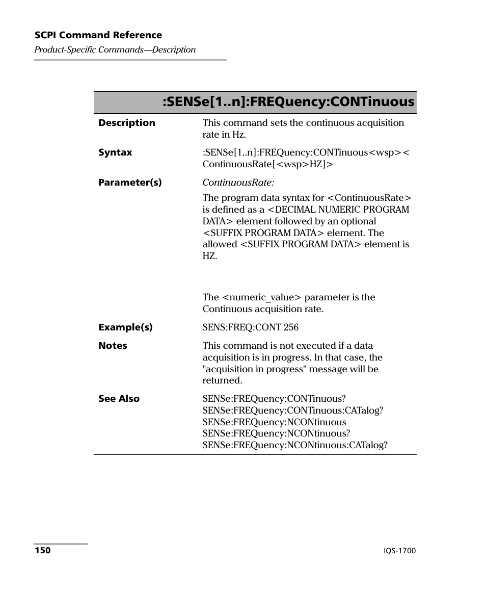 Sense[1..n]:frequency:continuous | EXFO IQS-1700 High Performance Power Meter for IQS-500/600 User Manual | Page 158 / 204