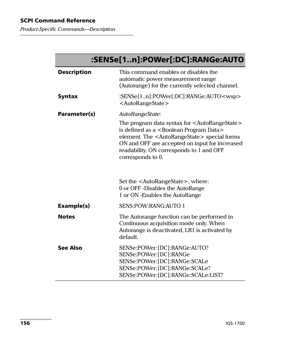 Sense[1..n]:power[:dc]:range:auto | EXFO IQS-1700 High Performance Power Meter for IQS-500/600 User Manual | Page 164 / 204