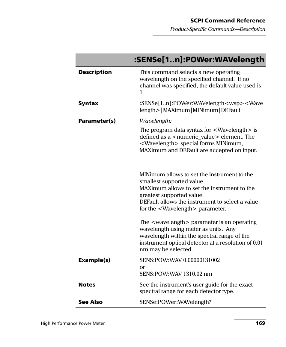 Sense[1..n]:power:wavelength | EXFO IQS-1700 High Performance Power Meter for IQS-500/600 User Manual | Page 177 / 204