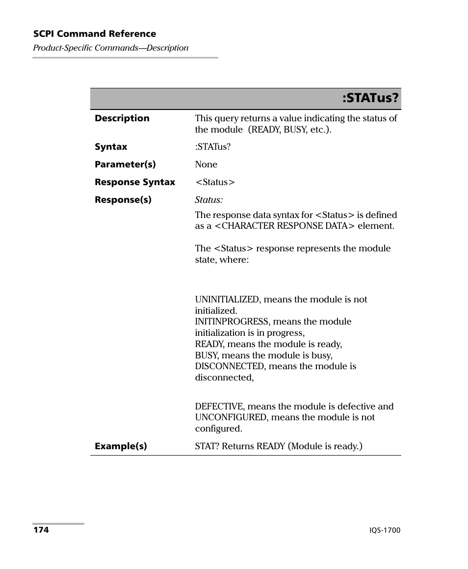 Status | EXFO IQS-1700 High Performance Power Meter for IQS-500/600 User Manual | Page 182 / 204