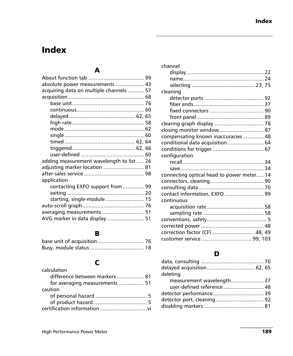 Index | EXFO IQS-1700 High Performance Power Meter for IQS-500/600 User Manual | Page 197 / 204