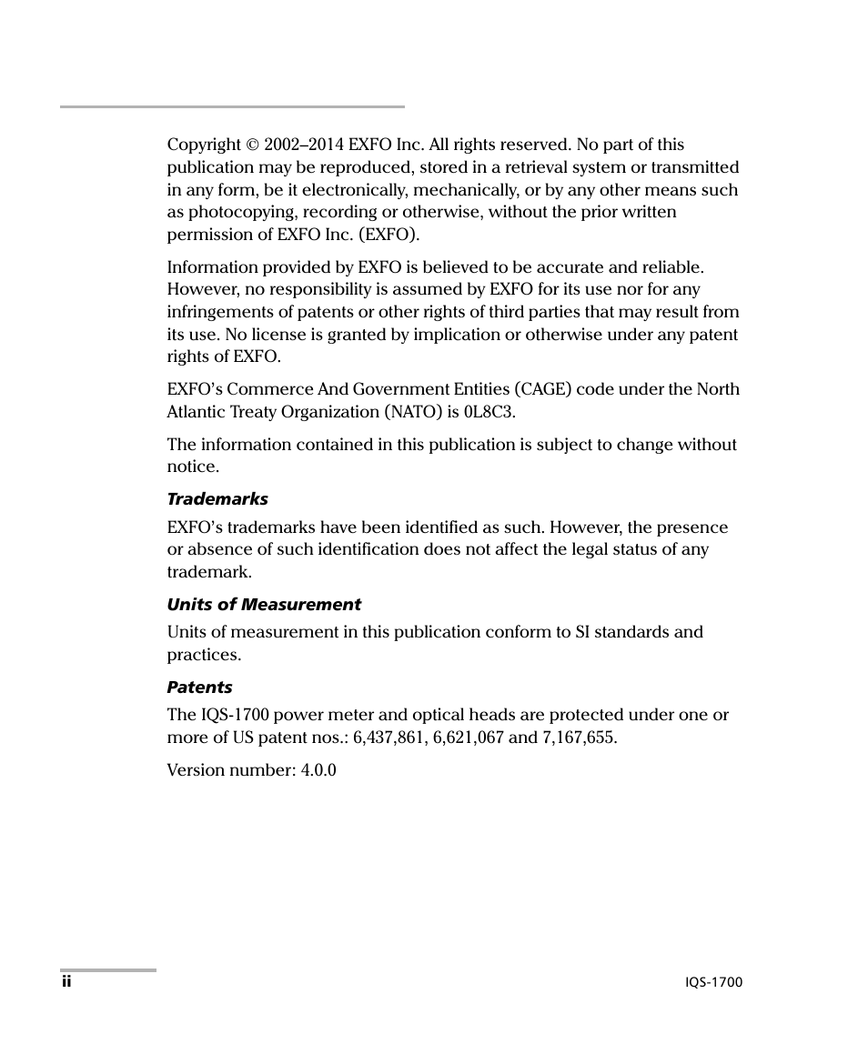 EXFO IQS-1700 High Performance Power Meter for IQS-500/600 User Manual | Page 2 / 204
