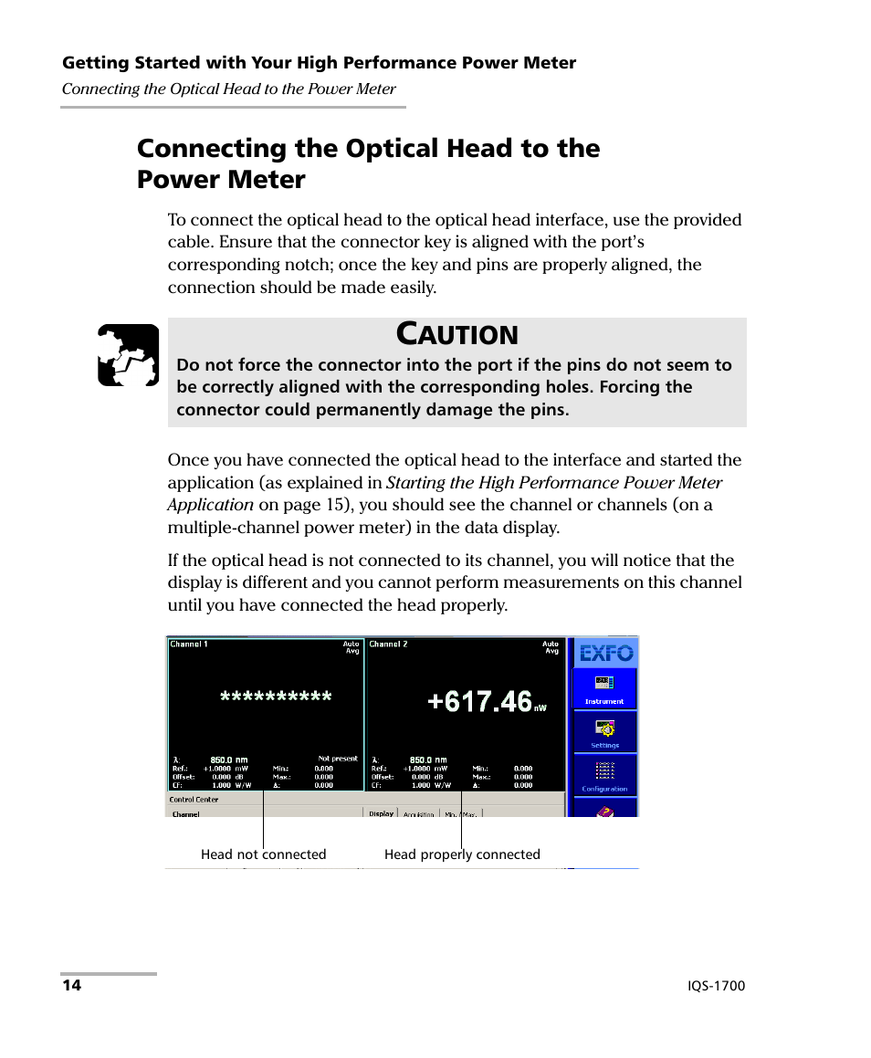 Connecting the optical head to the power meter, Aution | EXFO IQS-1700 High Performance Power Meter for IQS-500/600 User Manual | Page 22 / 204