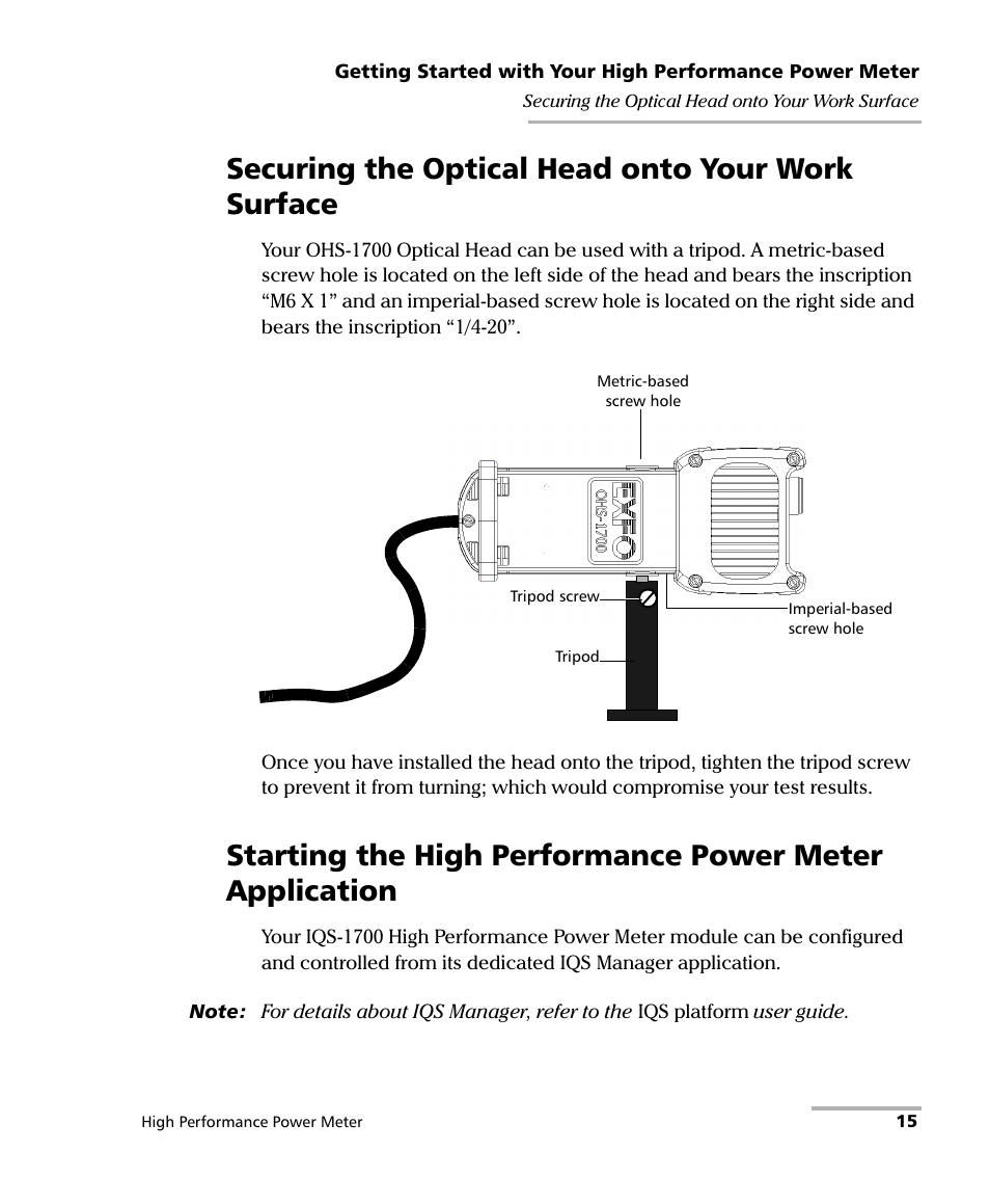 Securing the optical head onto your work surface | EXFO IQS-1700 High Performance Power Meter for IQS-500/600 User Manual | Page 23 / 204