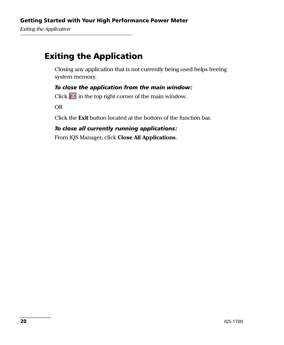 Exiting the application | EXFO IQS-1700 High Performance Power Meter for IQS-500/600 User Manual | Page 28 / 204