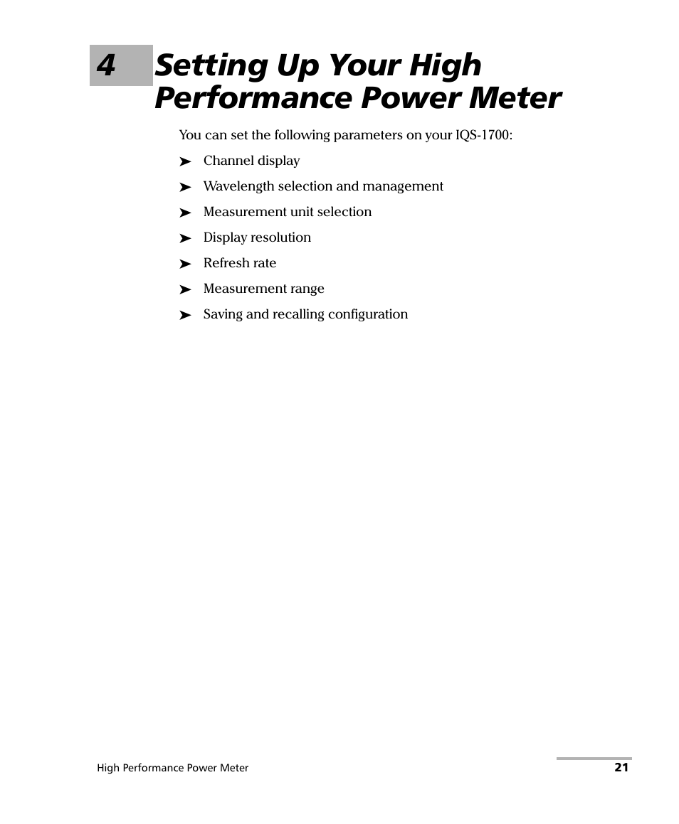 4 setting up your high performance power meter, 4setting up your high performance power meter | EXFO IQS-1700 High Performance Power Meter for IQS-500/600 User Manual | Page 29 / 204