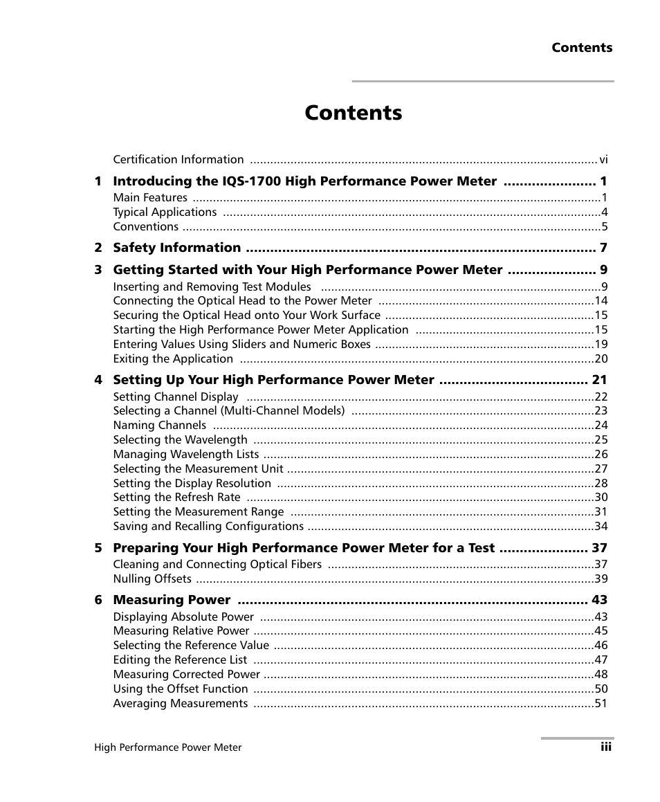 EXFO IQS-1700 High Performance Power Meter for IQS-500/600 User Manual | Page 3 / 204