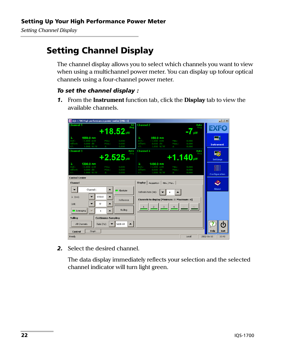 Setting channel display | EXFO IQS-1700 High Performance Power Meter for IQS-500/600 User Manual | Page 30 / 204