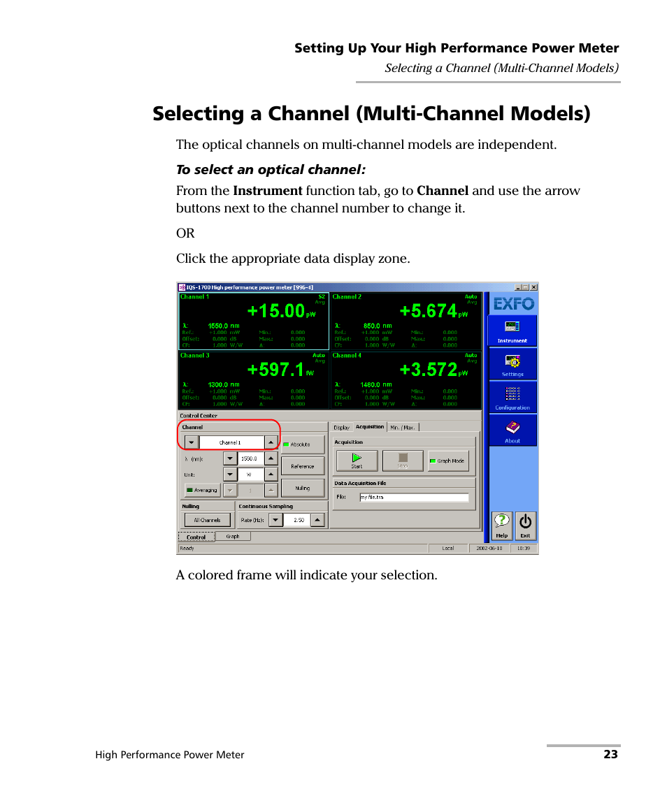 Selecting a channel (multi-channel models) | EXFO IQS-1700 High Performance Power Meter for IQS-500/600 User Manual | Page 31 / 204
