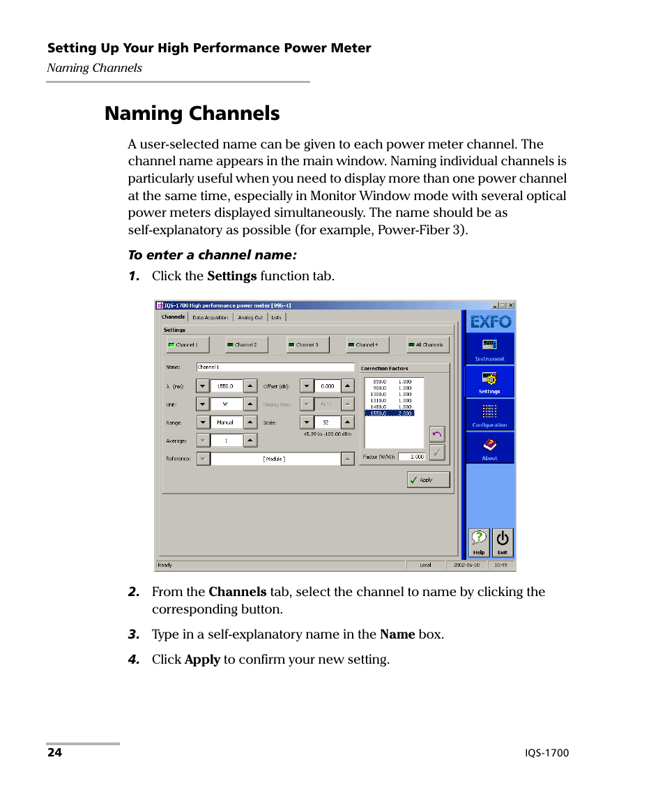 Naming channels | EXFO IQS-1700 High Performance Power Meter for IQS-500/600 User Manual | Page 32 / 204