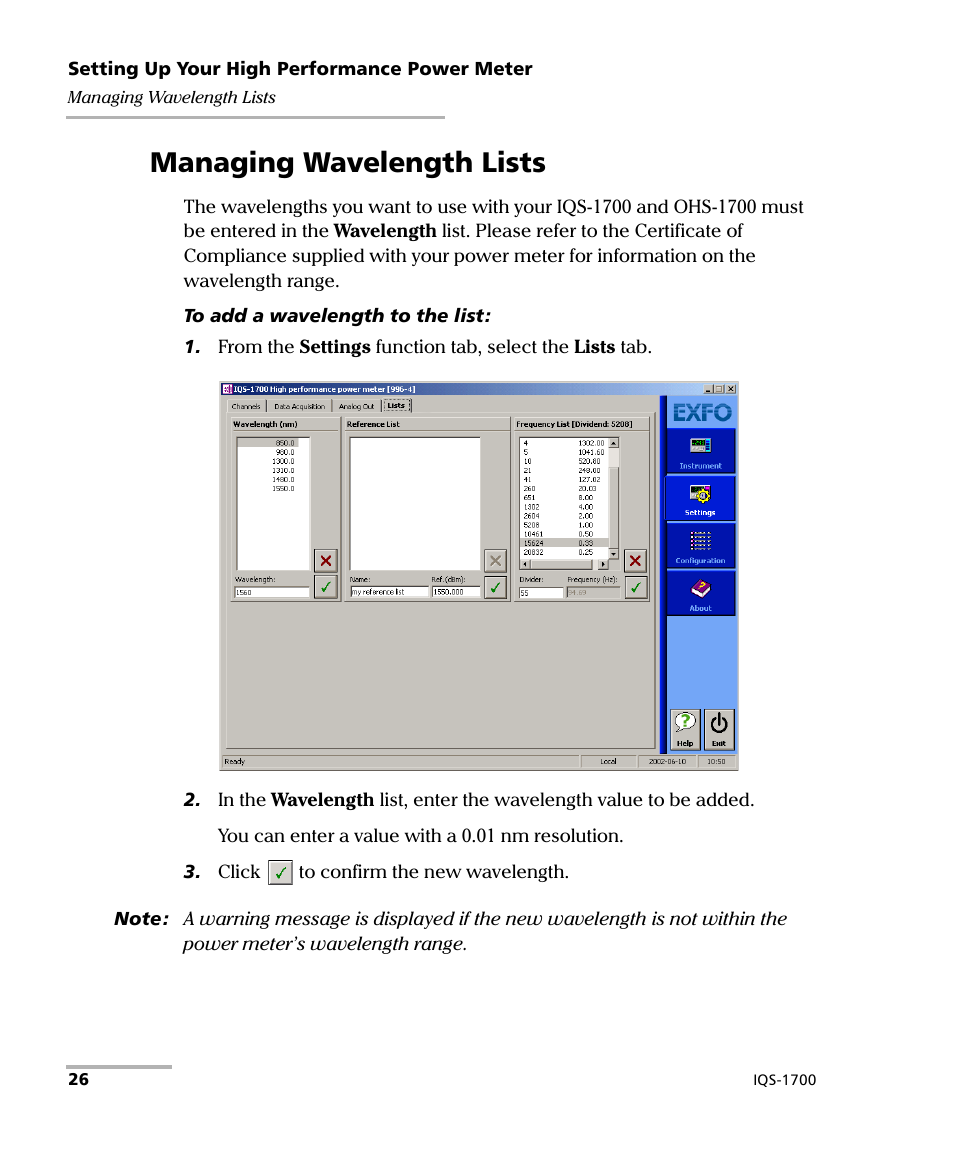 Managing wavelength lists | EXFO IQS-1700 High Performance Power Meter for IQS-500/600 User Manual | Page 34 / 204