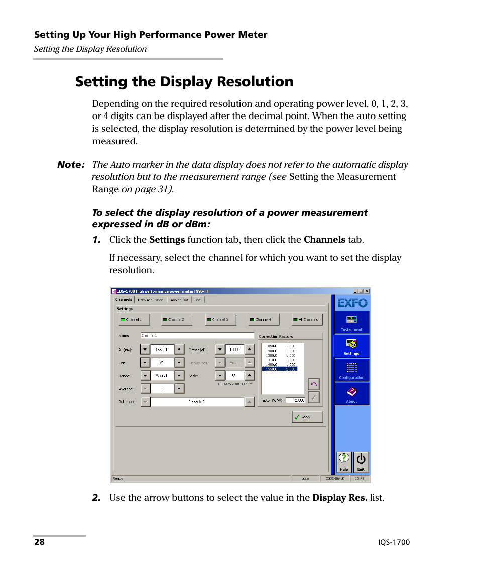 Setting the display resolution | EXFO IQS-1700 High Performance Power Meter for IQS-500/600 User Manual | Page 36 / 204