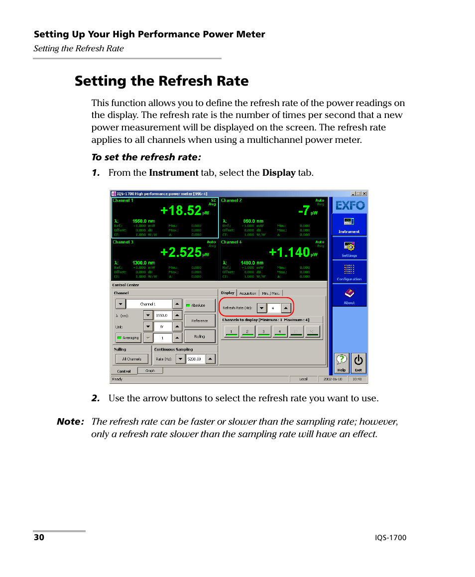 Setting the refresh rate | EXFO IQS-1700 High Performance Power Meter for IQS-500/600 User Manual | Page 38 / 204