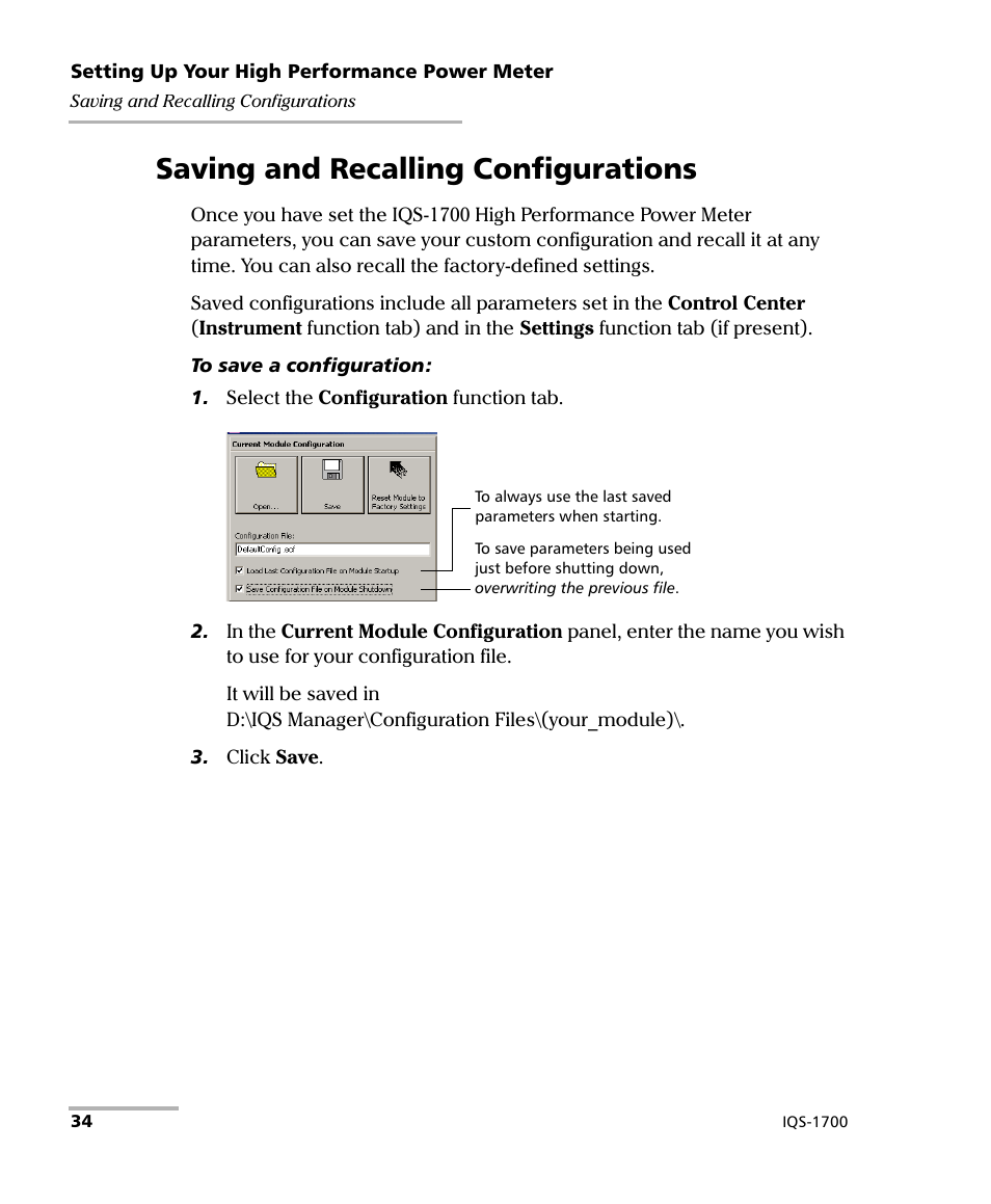 Saving and recalling configurations | EXFO IQS-1700 High Performance Power Meter for IQS-500/600 User Manual | Page 42 / 204