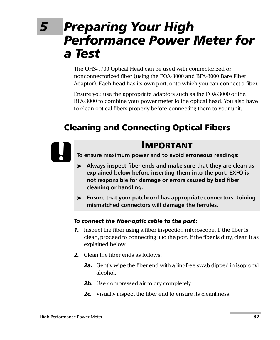 Cleaning and connecting optical fibers, Mportant | EXFO IQS-1700 High Performance Power Meter for IQS-500/600 User Manual | Page 45 / 204