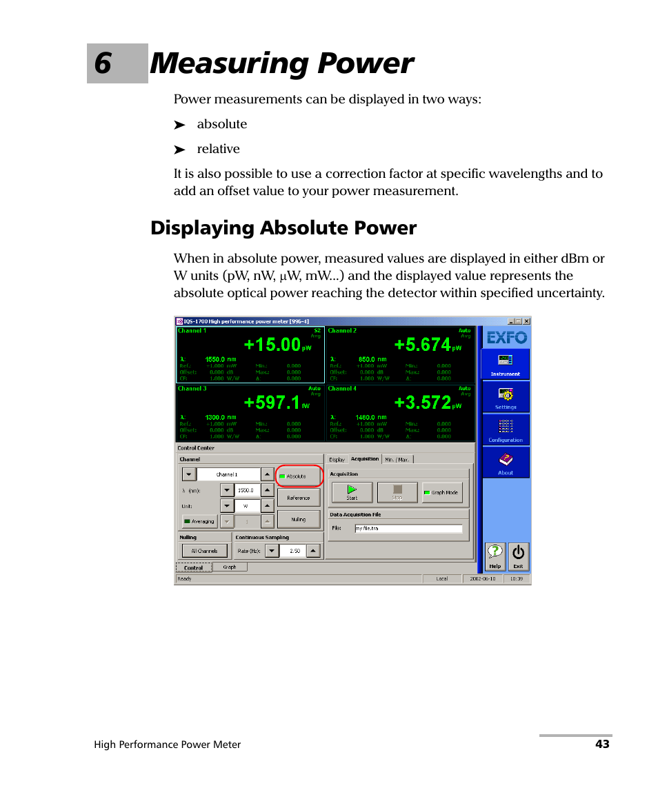 6 measuring power, Displaying absolute power, 6measuring power | EXFO IQS-1700 High Performance Power Meter for IQS-500/600 User Manual | Page 51 / 204