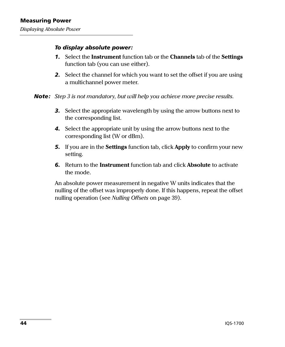 EXFO IQS-1700 High Performance Power Meter for IQS-500/600 User Manual | Page 52 / 204