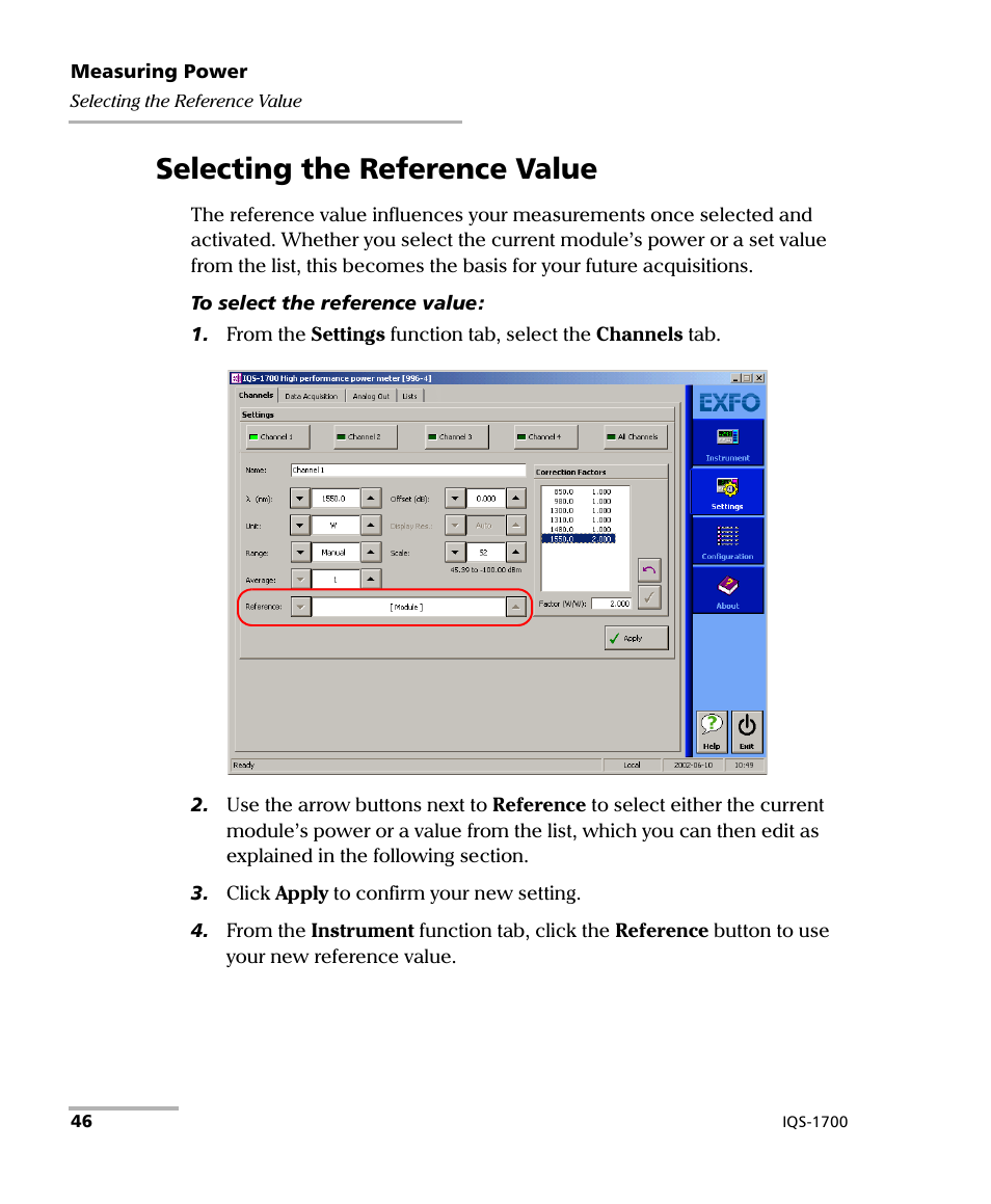 Selecting the reference value | EXFO IQS-1700 High Performance Power Meter for IQS-500/600 User Manual | Page 54 / 204