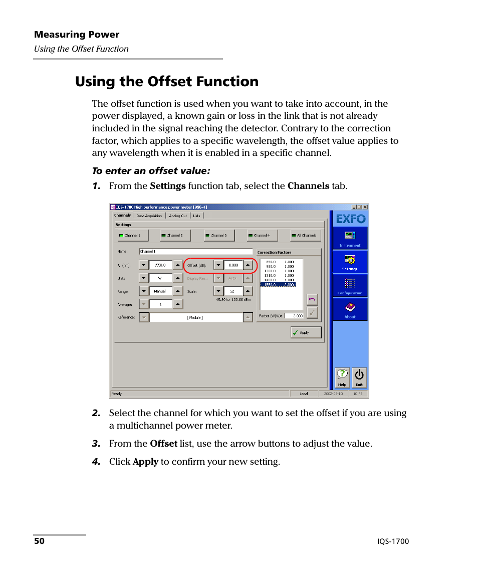 Using the offset function | EXFO IQS-1700 High Performance Power Meter for IQS-500/600 User Manual | Page 58 / 204