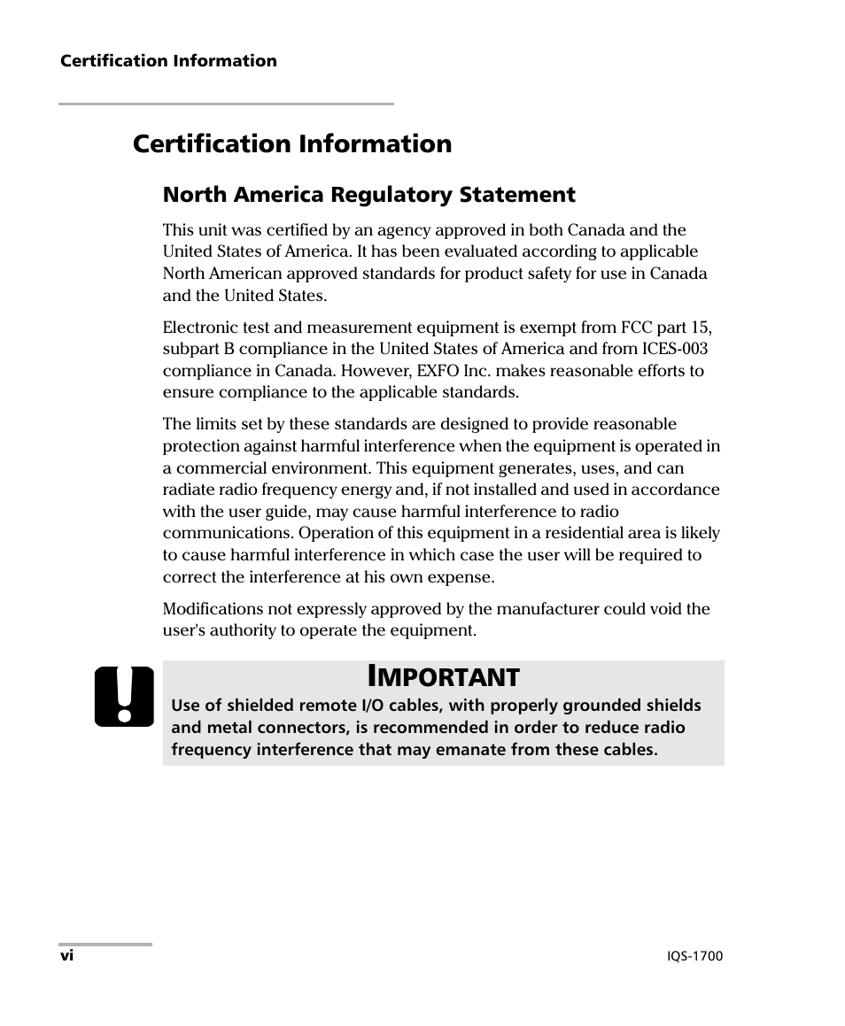 Certification information, Mportant | EXFO IQS-1700 High Performance Power Meter for IQS-500/600 User Manual | Page 6 / 204