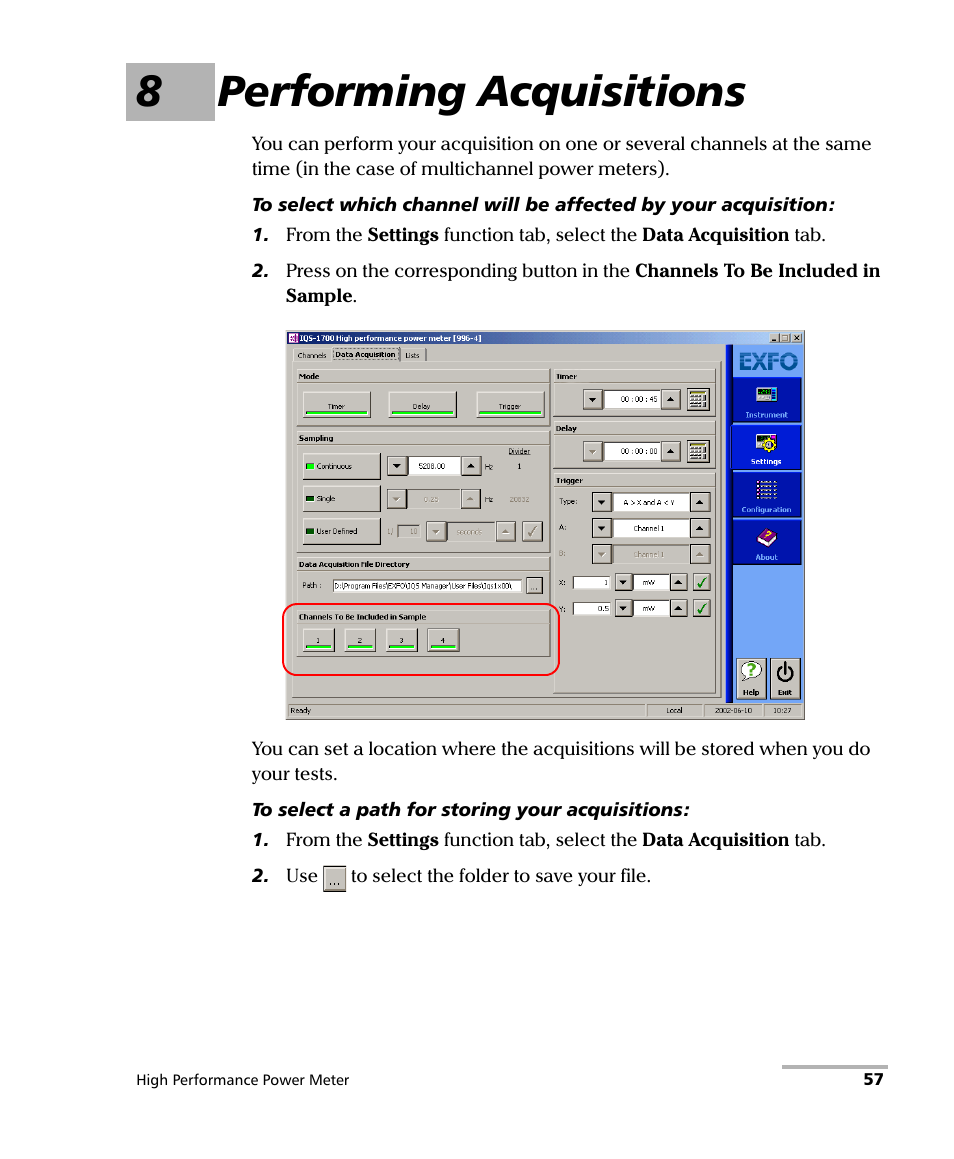 8 performing acquisitions, 8performing acquisitions | EXFO IQS-1700 High Performance Power Meter for IQS-500/600 User Manual | Page 65 / 204