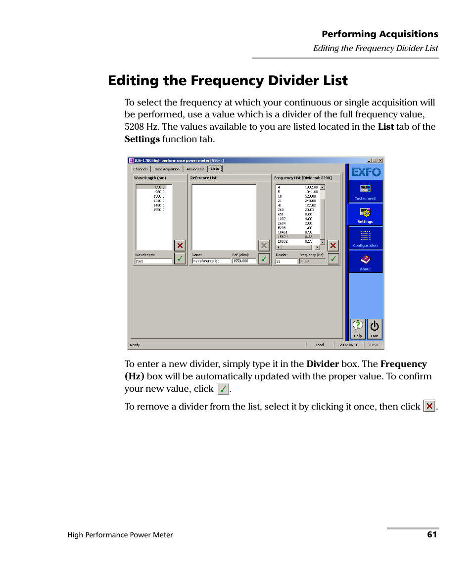 Editing the frequency divider list | EXFO IQS-1700 High Performance Power Meter for IQS-500/600 User Manual | Page 69 / 204