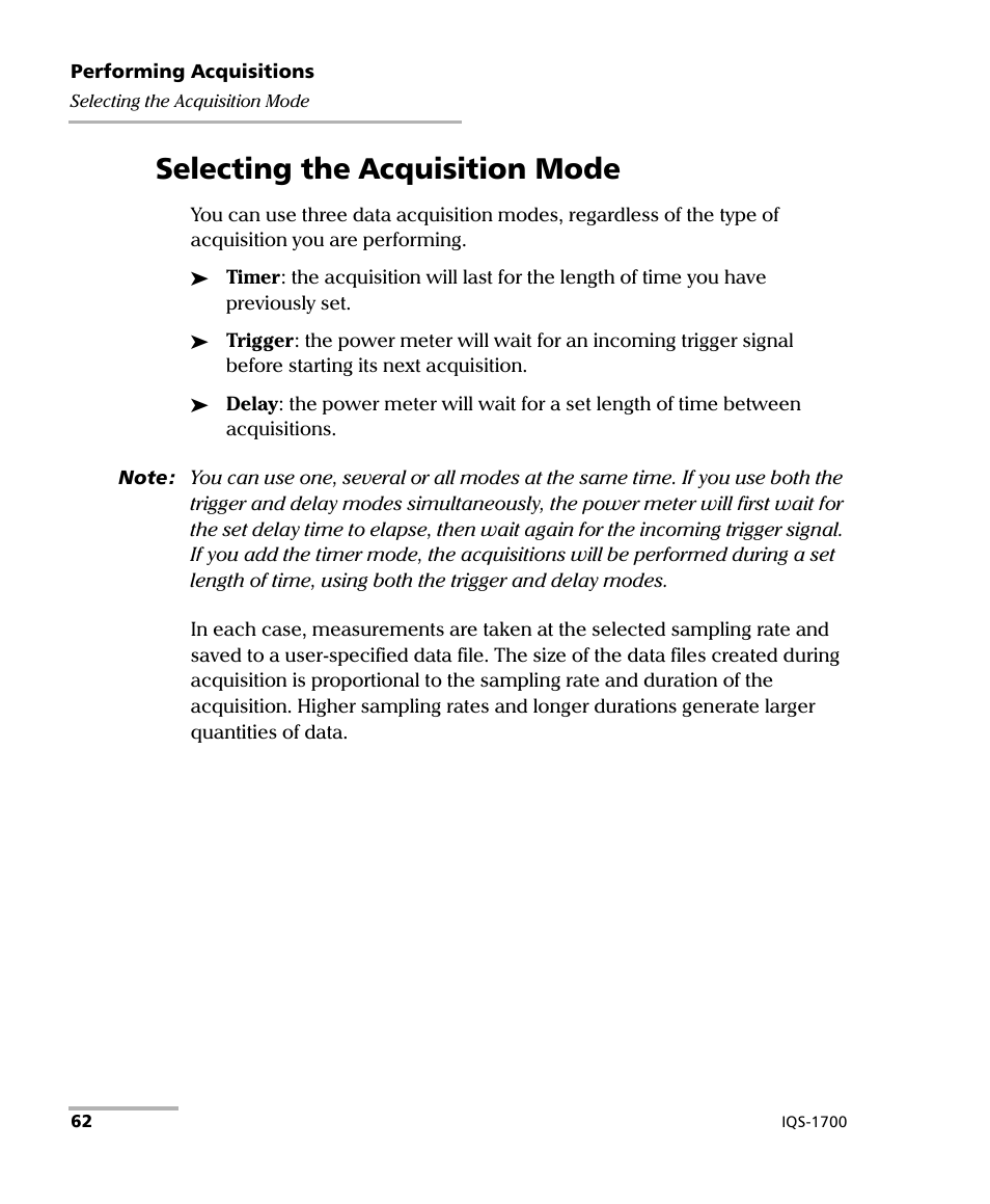 Selecting the acquisition mode | EXFO IQS-1700 High Performance Power Meter for IQS-500/600 User Manual | Page 70 / 204