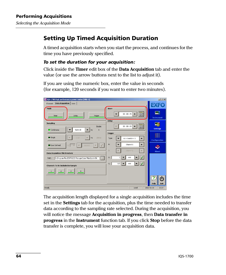 Setting up timed acquisition duration | EXFO IQS-1700 High Performance Power Meter for IQS-500/600 User Manual | Page 72 / 204