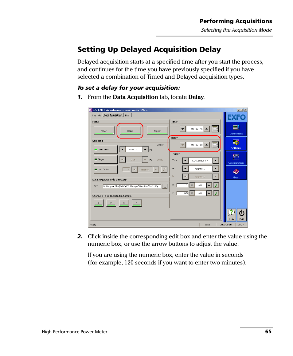 Setting up delayed acquisition delay | EXFO IQS-1700 High Performance Power Meter for IQS-500/600 User Manual | Page 73 / 204