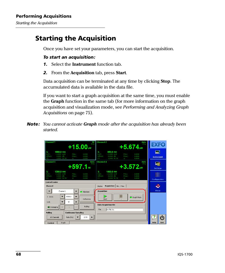 Starting the acquisition | EXFO IQS-1700 High Performance Power Meter for IQS-500/600 User Manual | Page 76 / 204