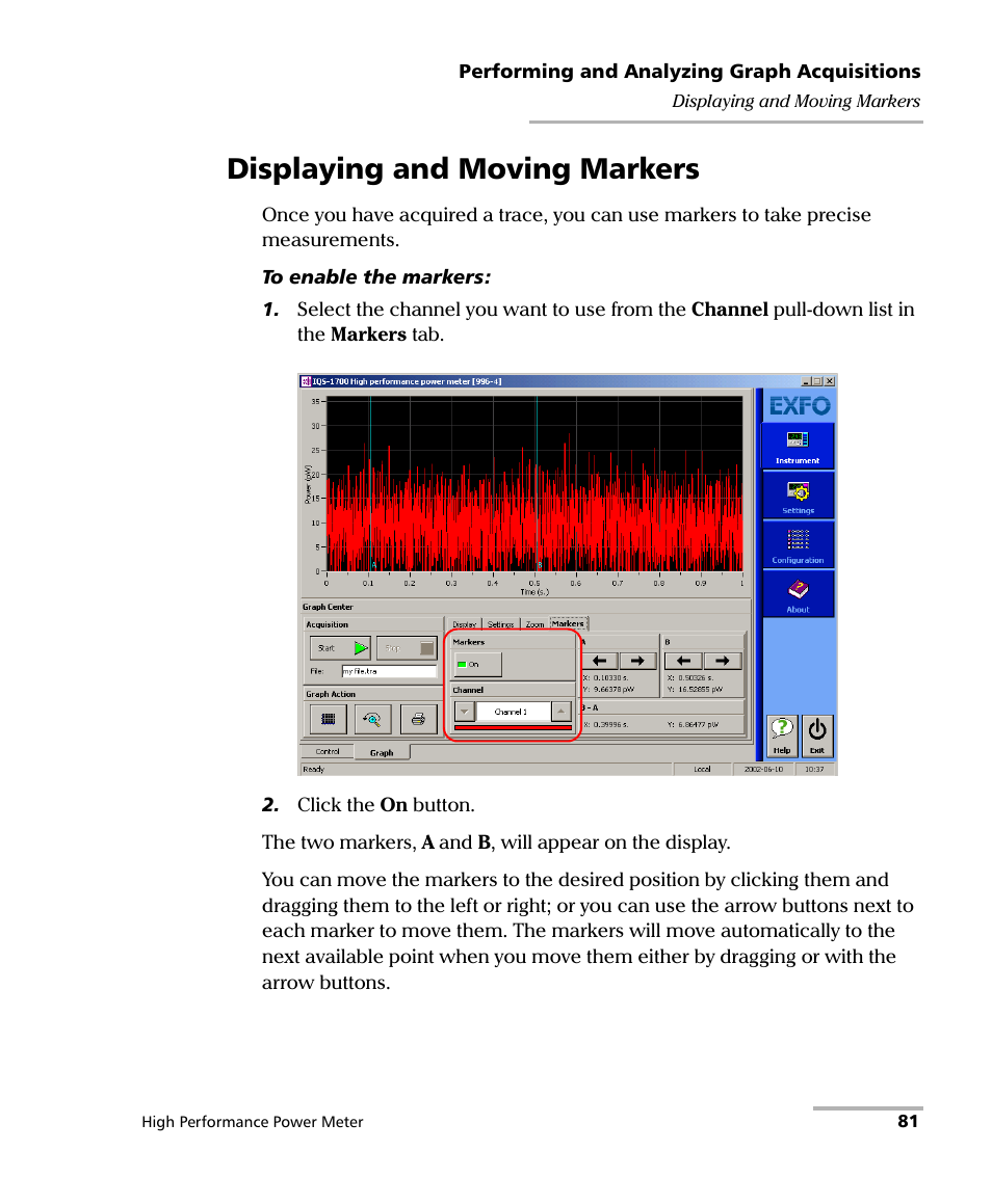 Displaying and moving markers | EXFO IQS-1700 High Performance Power Meter for IQS-500/600 User Manual | Page 89 / 204