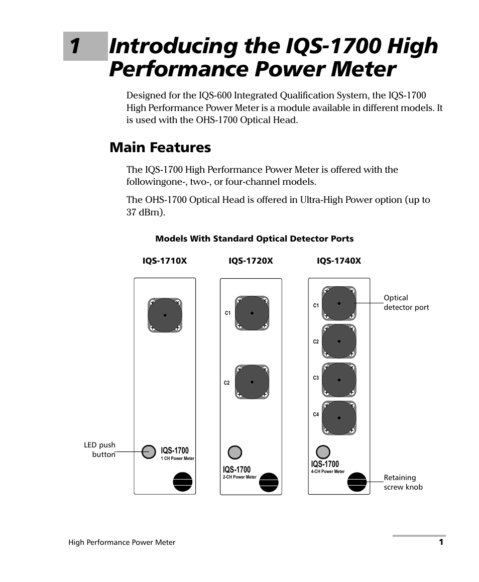 Main features | EXFO IQS-1700 High Performance Power Meter for IQS-500/600 User Manual | Page 9 / 204