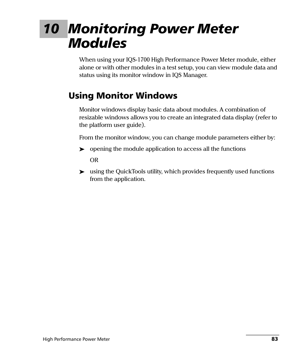 10 monitoring power meter modules, Using monitor windows | EXFO IQS-1700 High Performance Power Meter for IQS-500/600 User Manual | Page 91 / 204