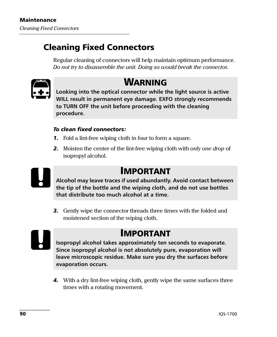 Cleaning fixed connectors, Arning, Mportant | EXFO IQS-1700 High Performance Power Meter for IQS-500/600 User Manual | Page 98 / 204