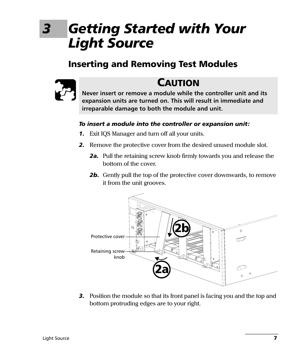 3 getting started with your light source, Inserting and removing test modules, 3getting started with your light source | 2b 2a, Aution | EXFO IQS-2100 Light Source for IQS-500/600 User Manual | Page 13 / 82